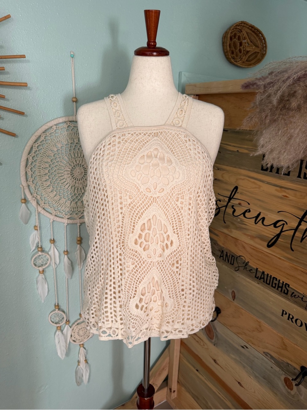 Ultra Pink Cream Crochet Halter Camisole - Women